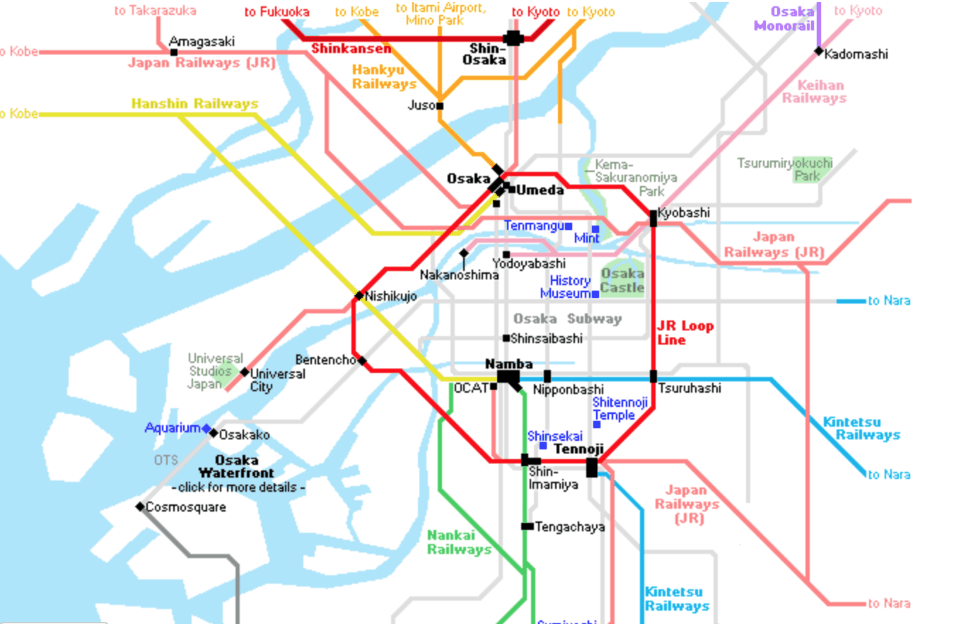 This simplified map shows where Tennoji is in relation to the Osaka loop line (photo credit: JR Rail)