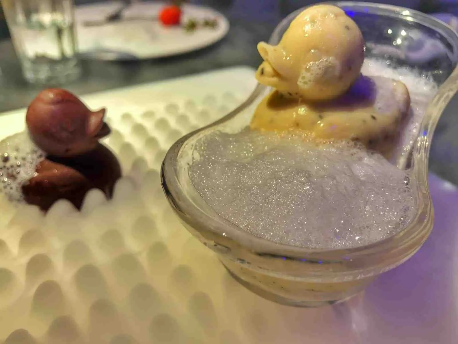 A captivating dessert - white chocolate and milk chocolate ducks set on dry ice.