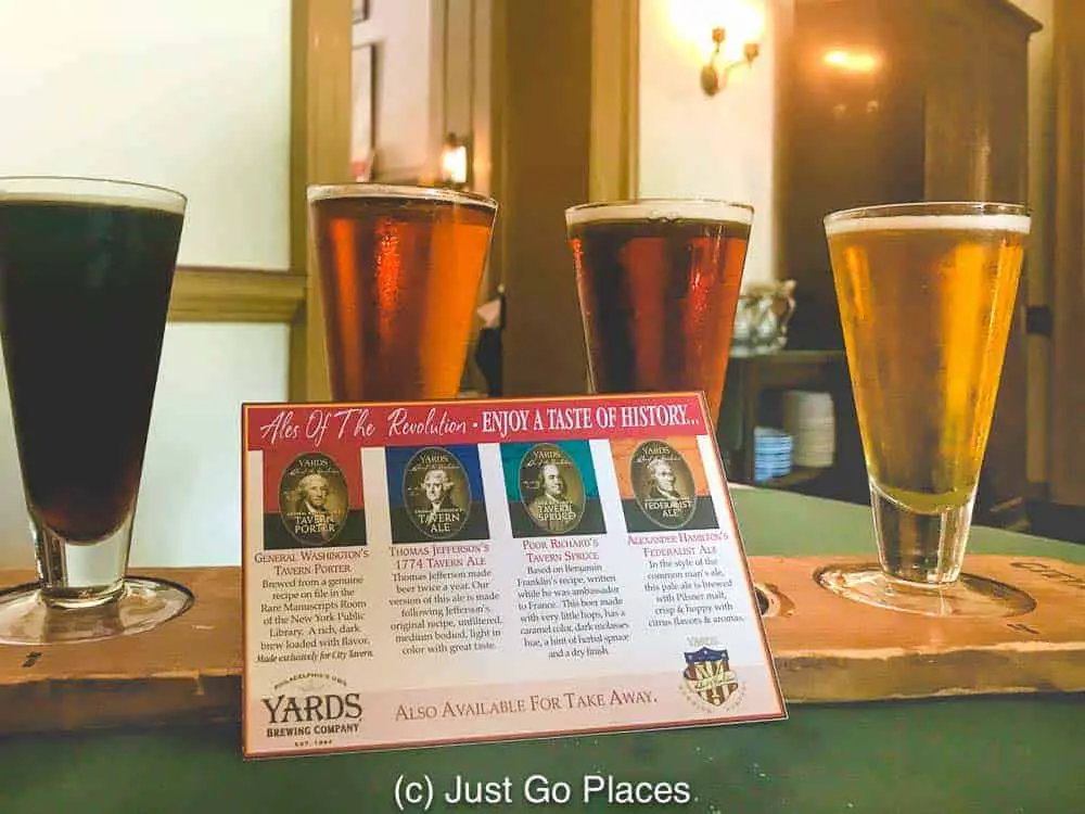 The City Tavern Philadelphia menu offered up a flight of beers that were created to the recipes of four of the Founding Fathers.
