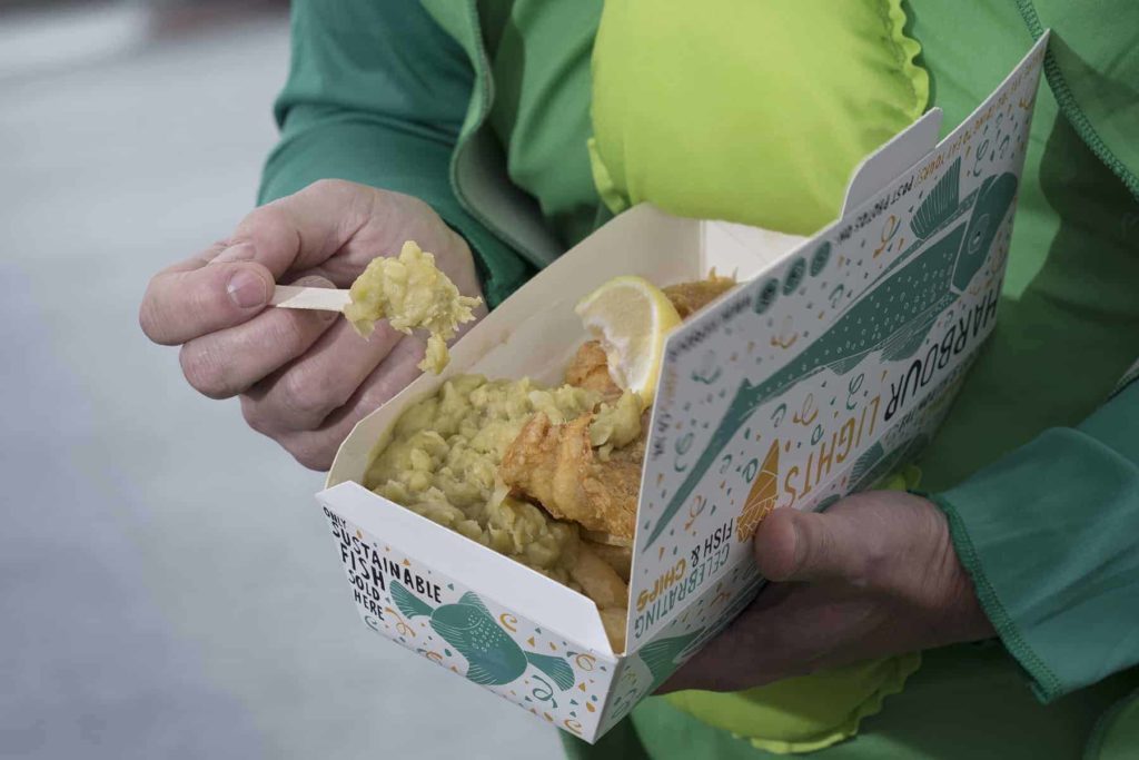 fish chips and mushy peas is a dish that you will find all over Britain 