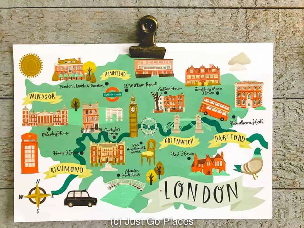 Maps of London don’t need to be expensive such as this postcard. 