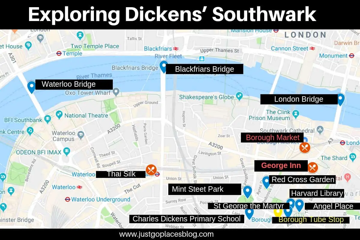 A map showing spots of interest for a Charles Dickens Walking Tour of Southwark London