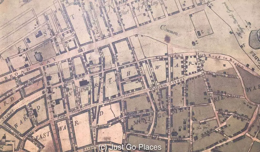 You can see the location of Broadway and Wall Street to the lower left of this map and the New York African Burial Ground on the upper right hand corner