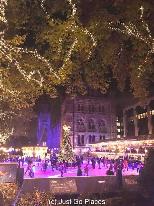 One of the big London family attractions in December is the ice skating rink outside the Natural History Museum. 
