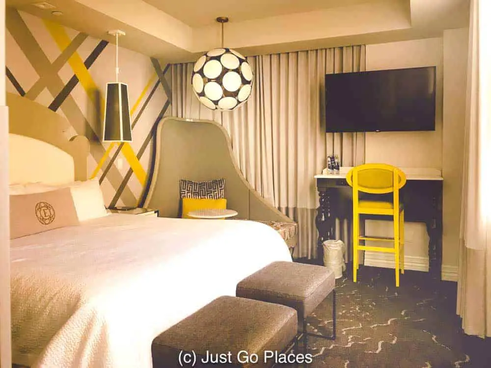 A trendy colorful room at the Elyton Hotel, a boutique hotel in downtown Birmingham.