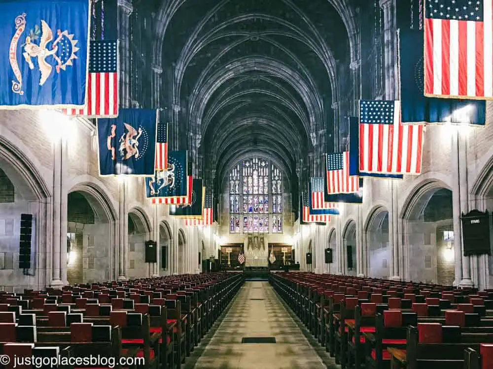 The chapel with flags at West Point Military Academy