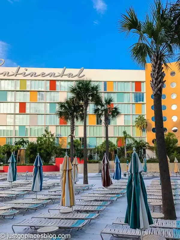 colorful building and sandy poolside area of Cabana Bay