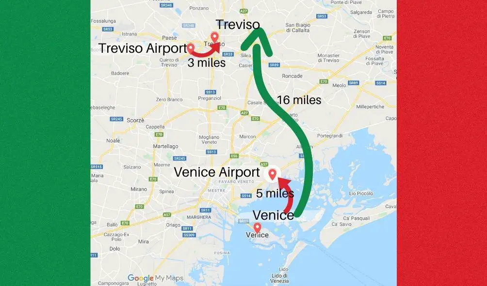 map showing distance from Treviso to Venice, and theirrespective airports 