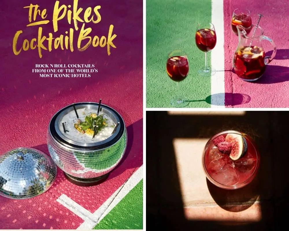 images of Pikes cocktail book, a sangria jug and 2 glasses and the Original Lost Boy cocktail