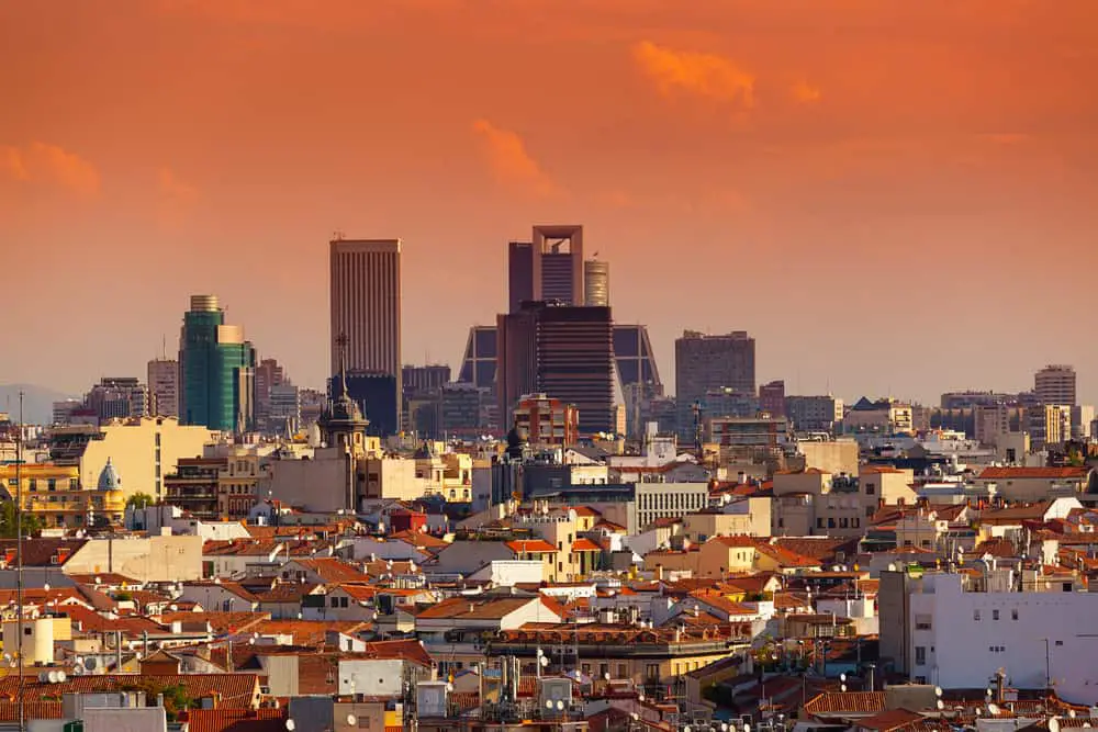 Madrid Skyline with skyscrapers at Sunset, spain