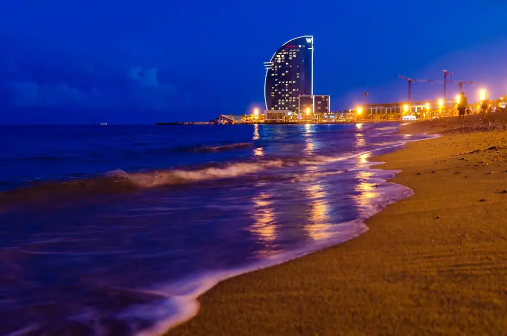 night view of Barceloneta beach, Barcelona, Spain