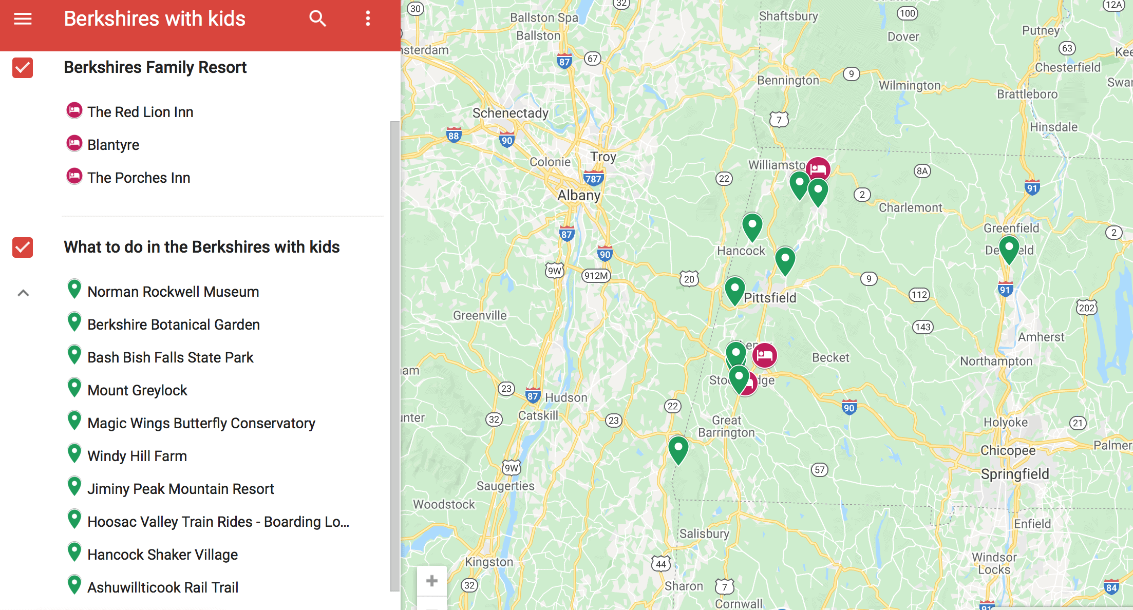 Map of Things To Do in the Berkshires, Kids Version