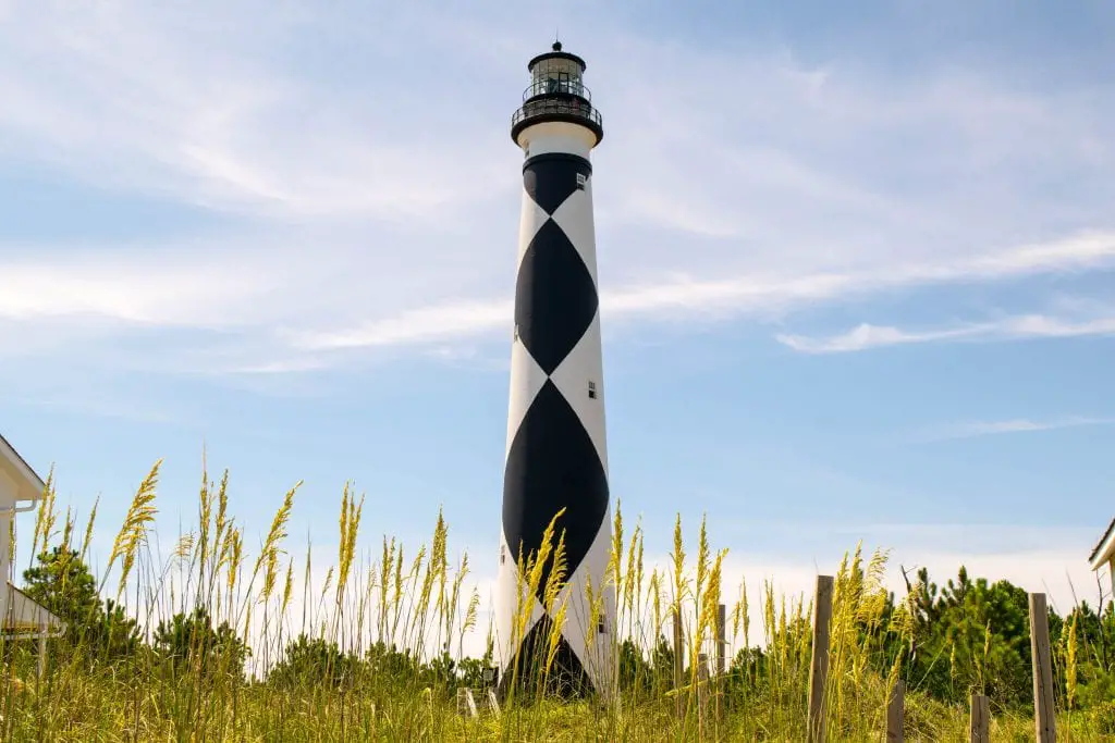 Black and white lighthouse on the Crystal Coast, southern Outer Banks in North Carolina