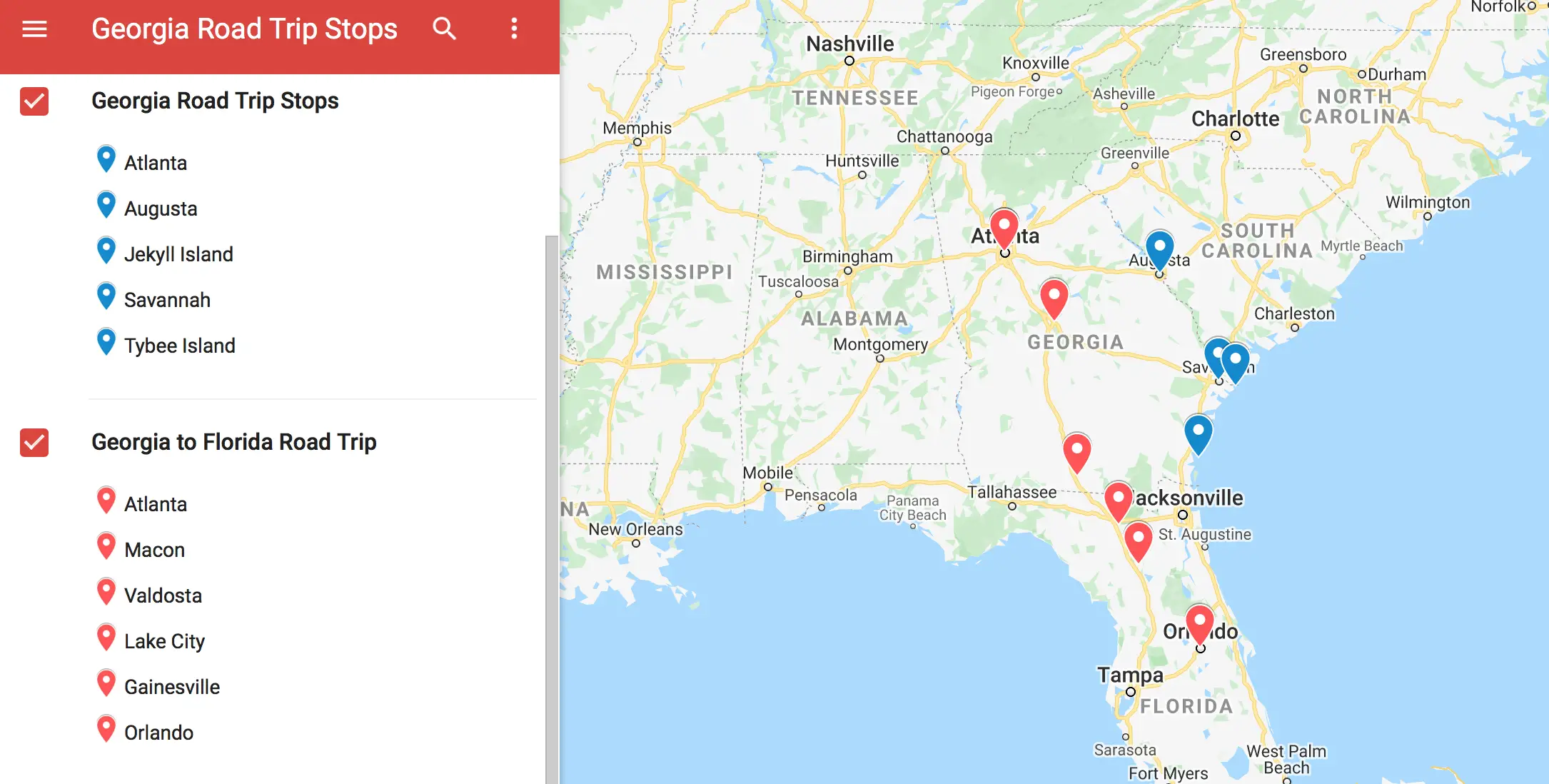 A map of Georgia road trip ideas and an Atlanta to Orlando road trip itinerary