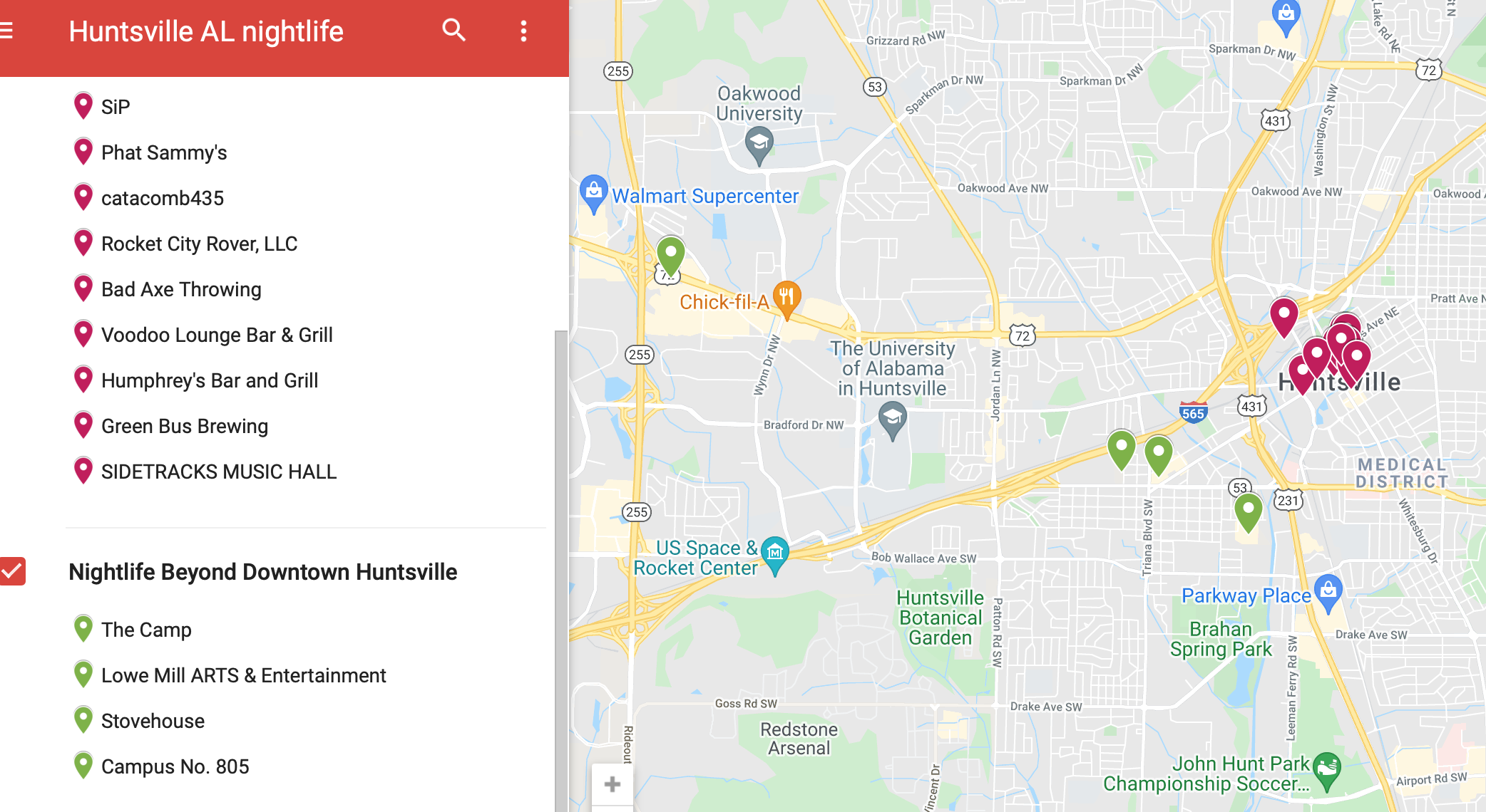 a map of nightlife Huntsville Alabama