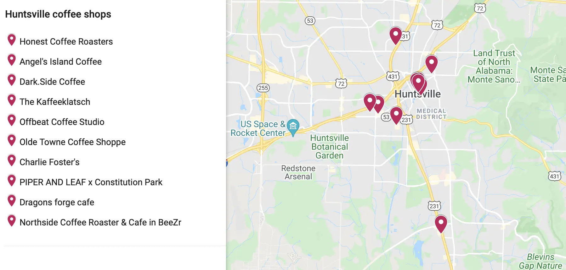 map of 10 recommended craft coffee shops in Huntsville Alabama