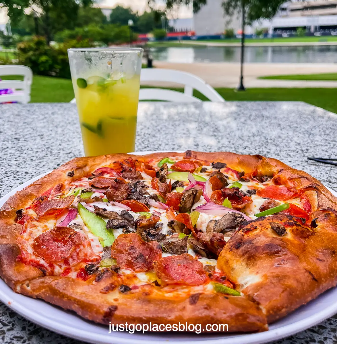 pizza e vino at an outside table in Huntsville Alabama