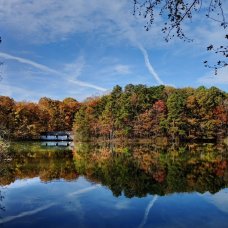 Fall foliage trees and blue sky reflected in a blue pond at Madison County Nature Trail