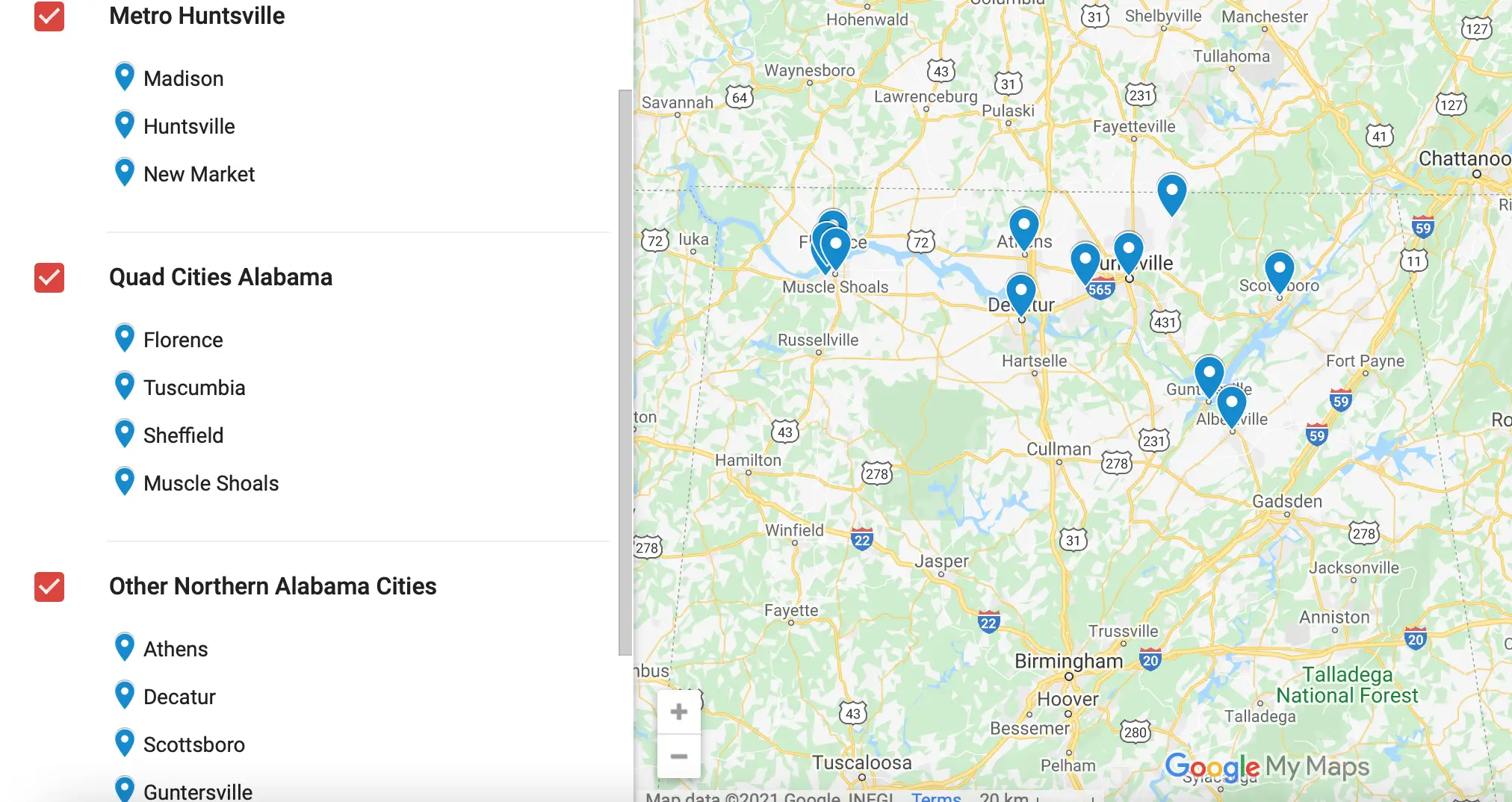 map of 7 cities in North Alabama