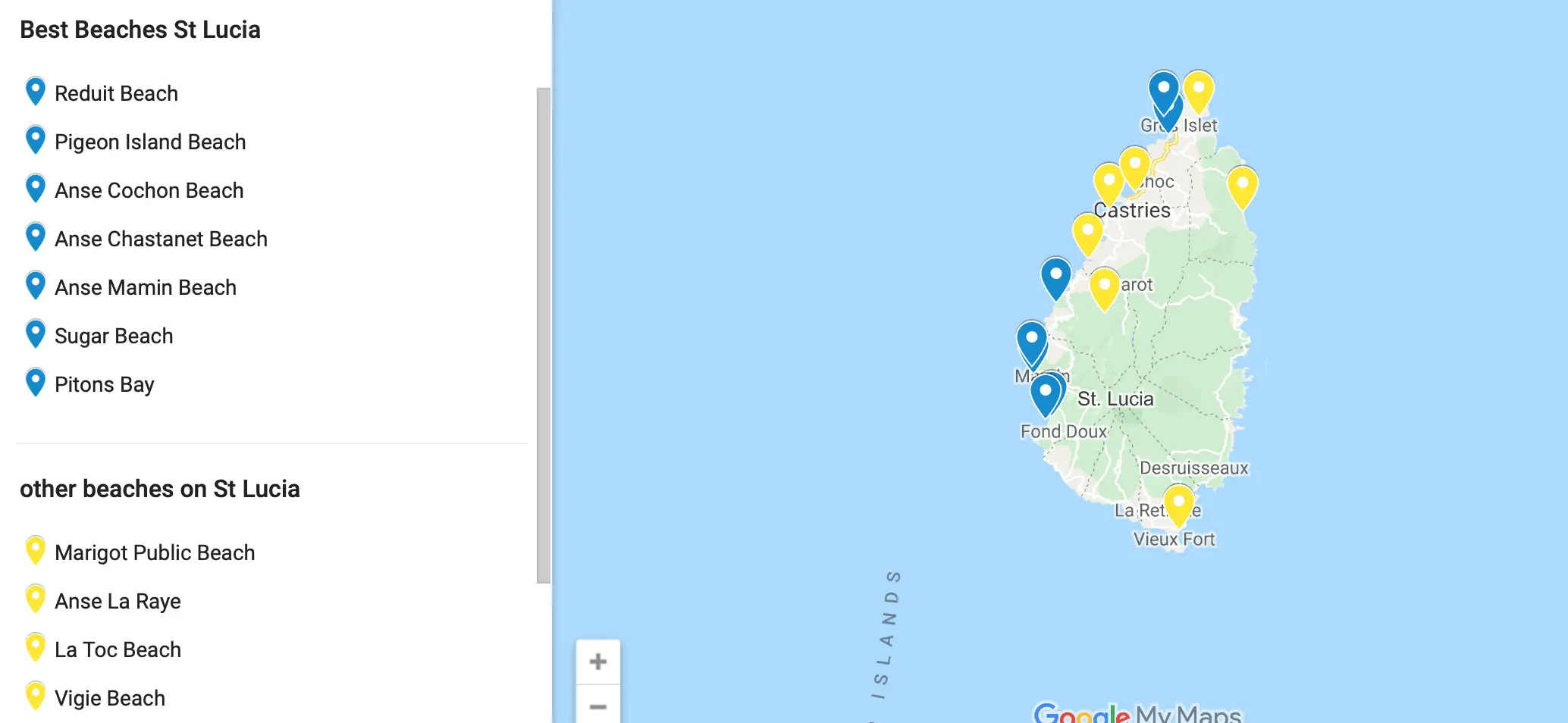 map of beaches in St Lucia