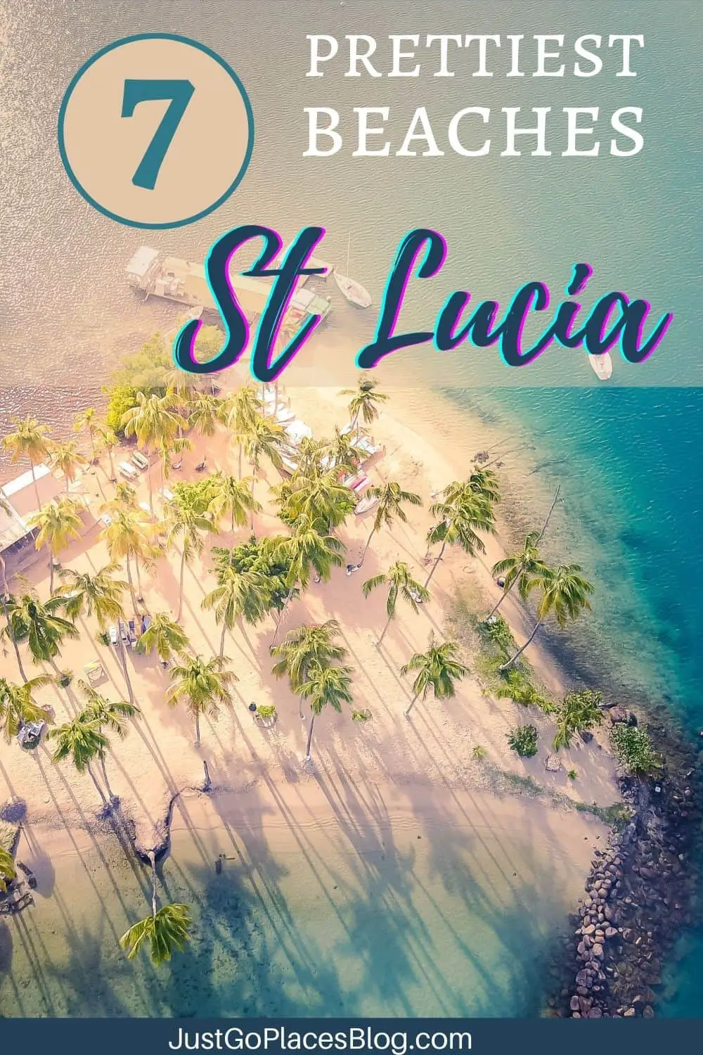 Pinterest Image of an aerial view of Marigot Beach St Lucia with the text: "7 prettiest beaches St Lucia"