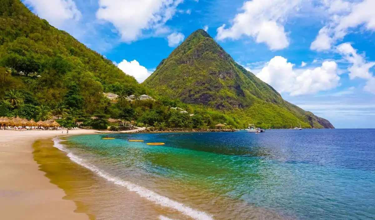 sugar beach with a view of the Pitons St Lucia