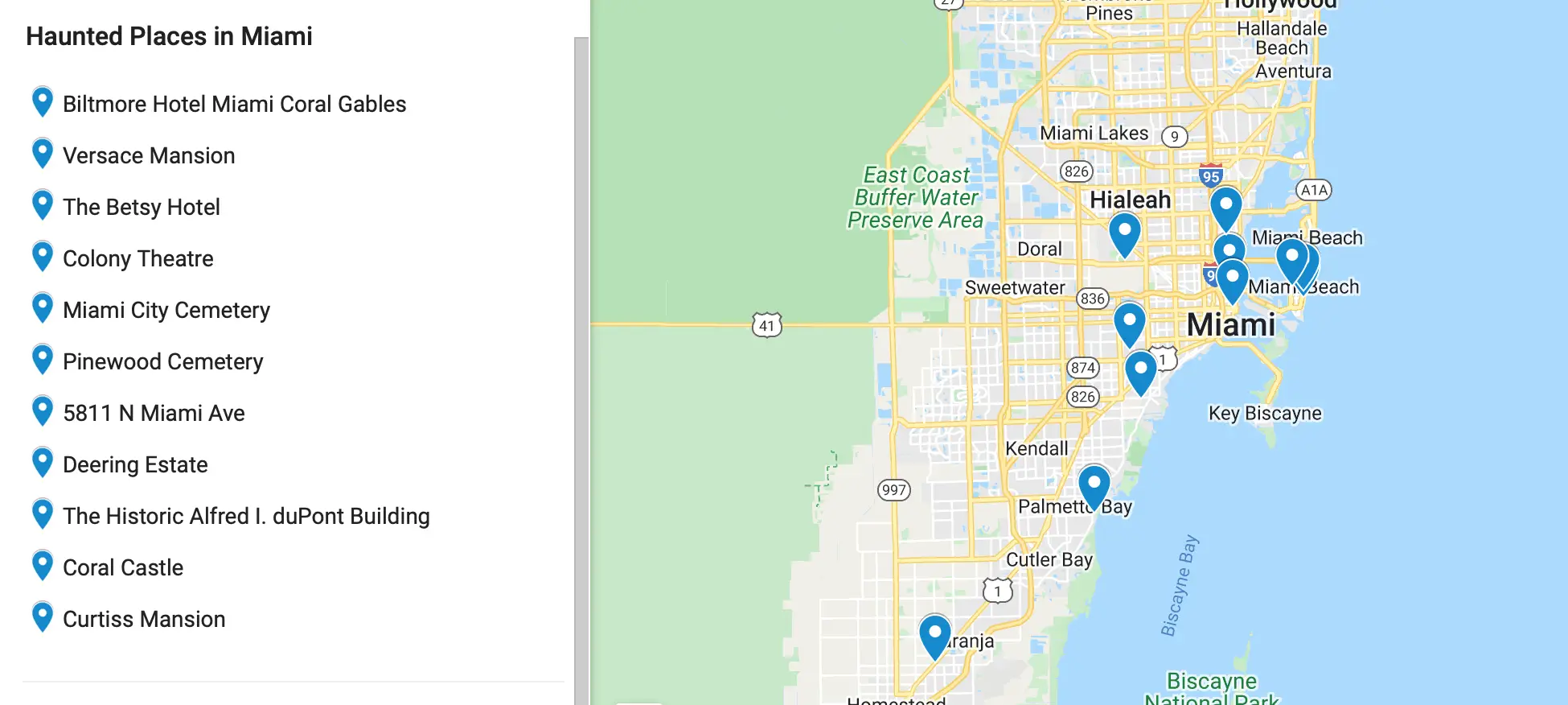 Map of haunted Miami for a Miami ghost tour