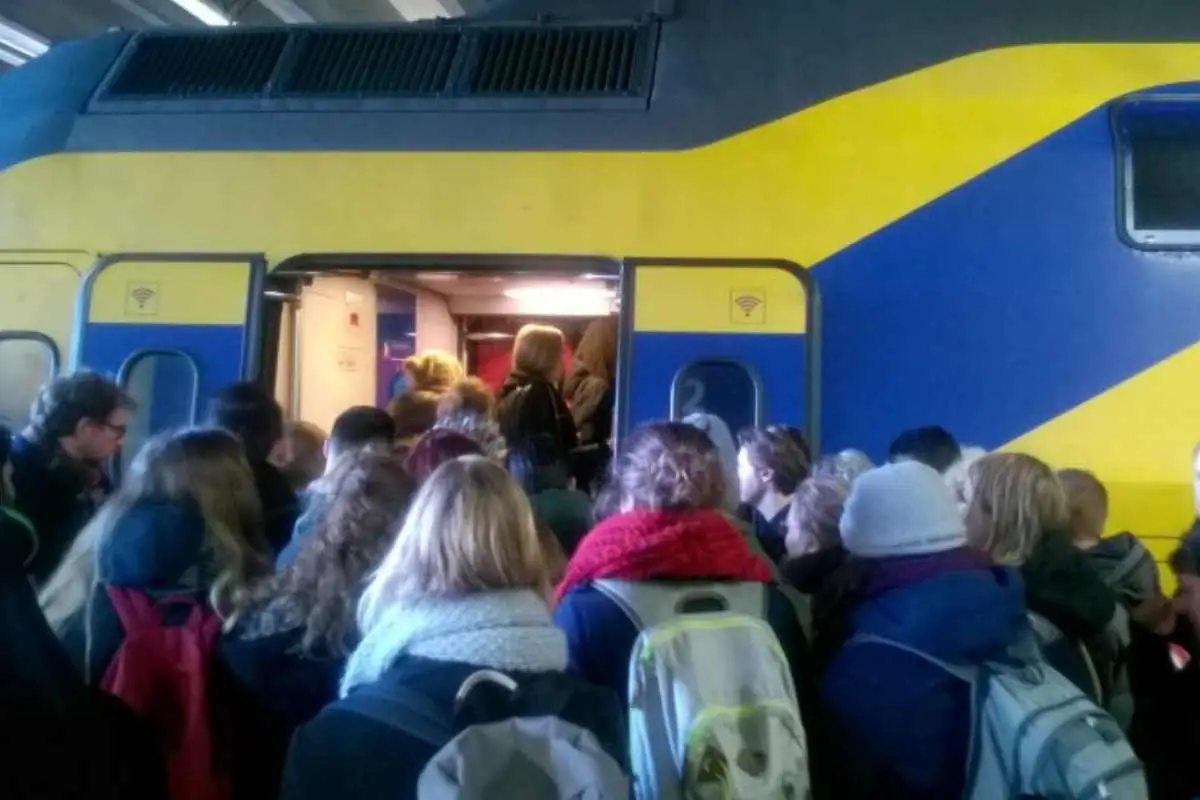A packed train in the Netherlands is a free for all of people trying to get in the train.