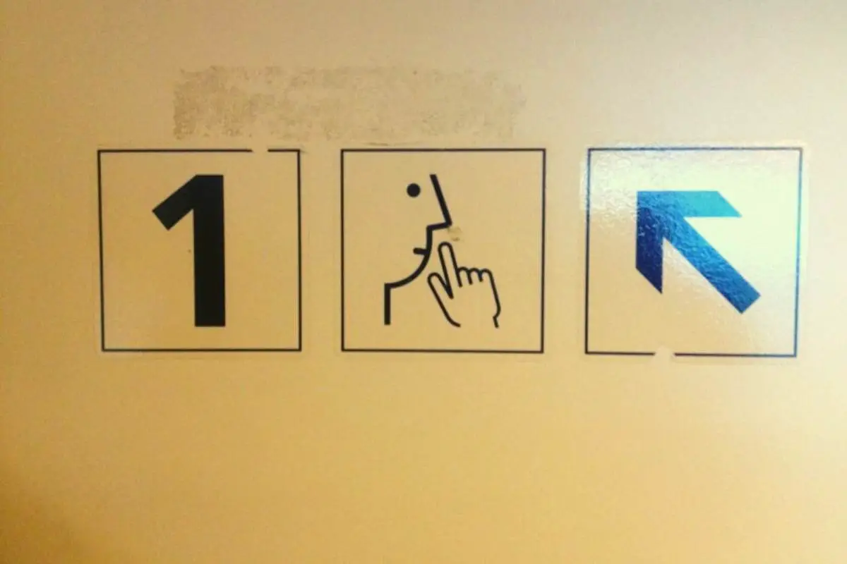 A combination of Dutch train signs indicating that upstairs is a first class compartment with silence observed.