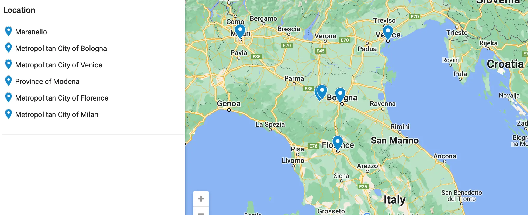 Map of Maranello Italy in relation to other cities and towns in Northern Italy