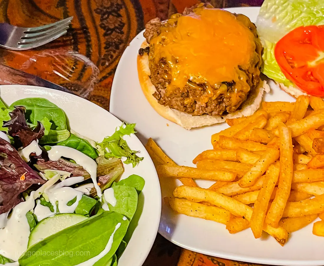 salad, fries and a burger at the Commodore Hotel