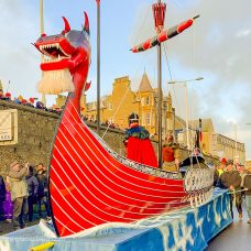 The Galley being wheeled into town for the annual Viking festival Shetland puts on.