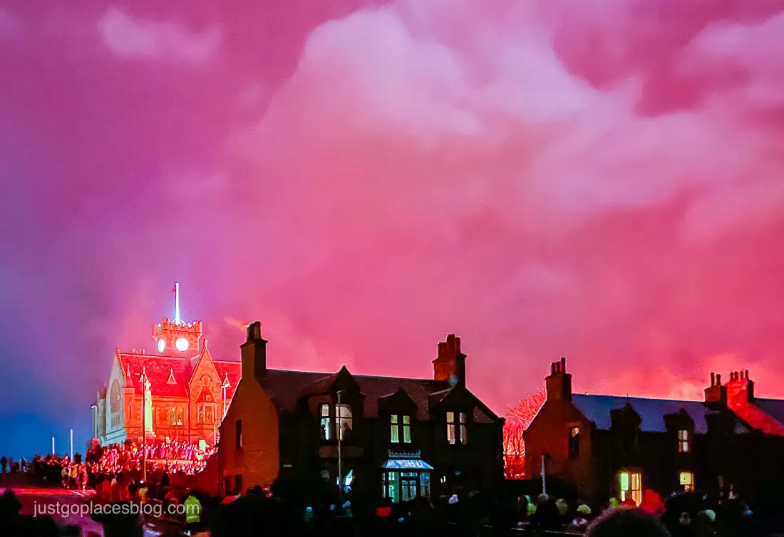night sky lit up with fire makes Lerwick appear very different 