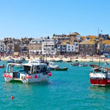 St Ives harbour and beach in Cornwall, UK on a sunny day